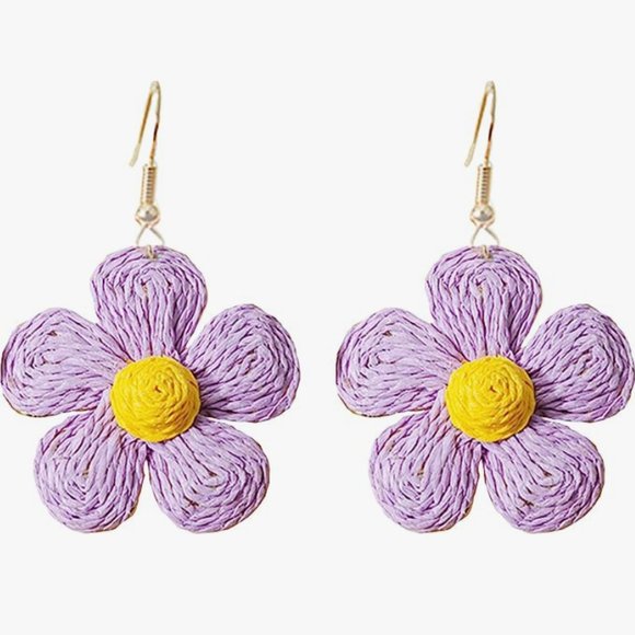 Lavender Yellow Raffia Flowers Oversized Statement Earrings Big Wicker Flower - Picture 1 of 4